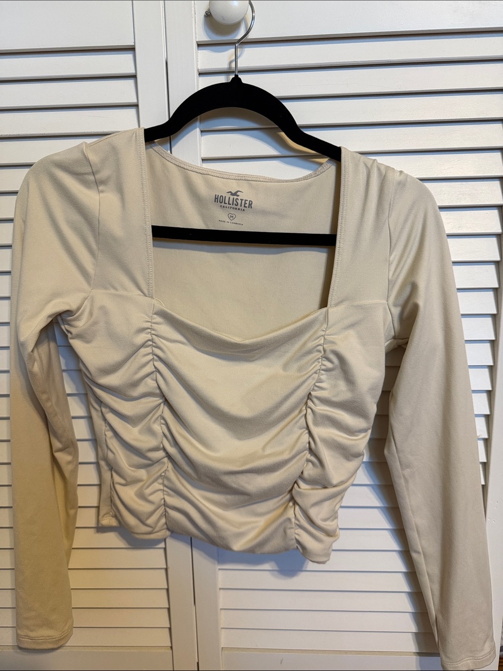 Hollister Cream Ruched Square-Neck Long Sleeve Top